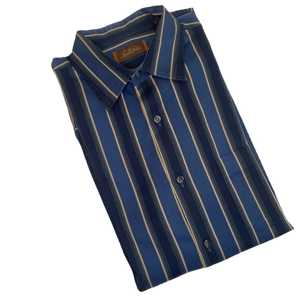 Tasso Elba Mens Blue Black Striped Long Sleeve Button Down Dress Shirt- L